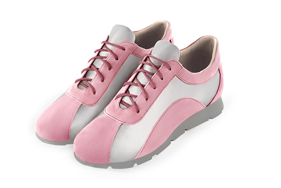 Carnation pink and light silver women's two-tone elegant sneakers. Round toe. Flat rubber soles. Front view - Florence KOOIJMAN
